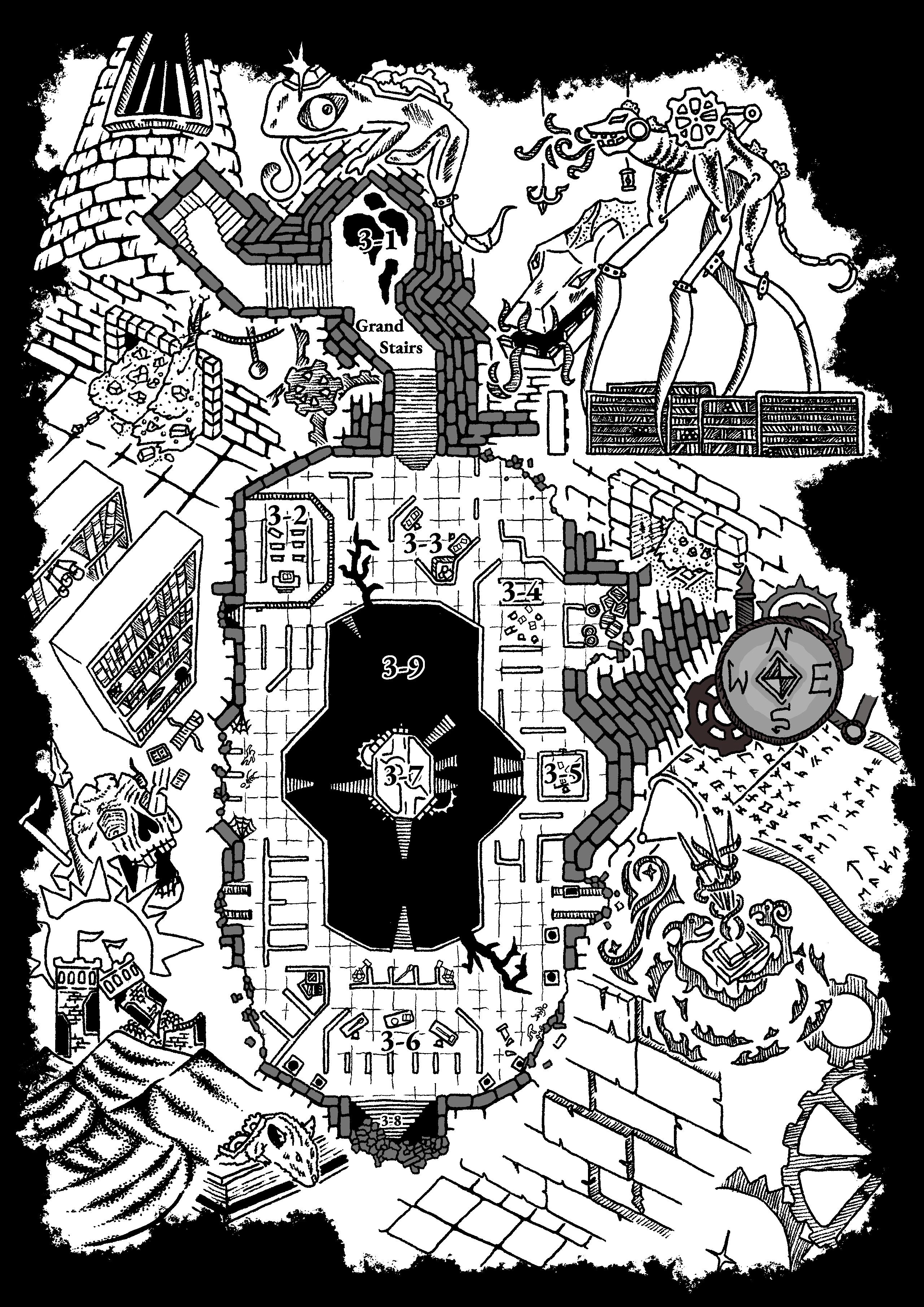 Steel and Stone lower hall dungeon map - multi-level D&D location cartography